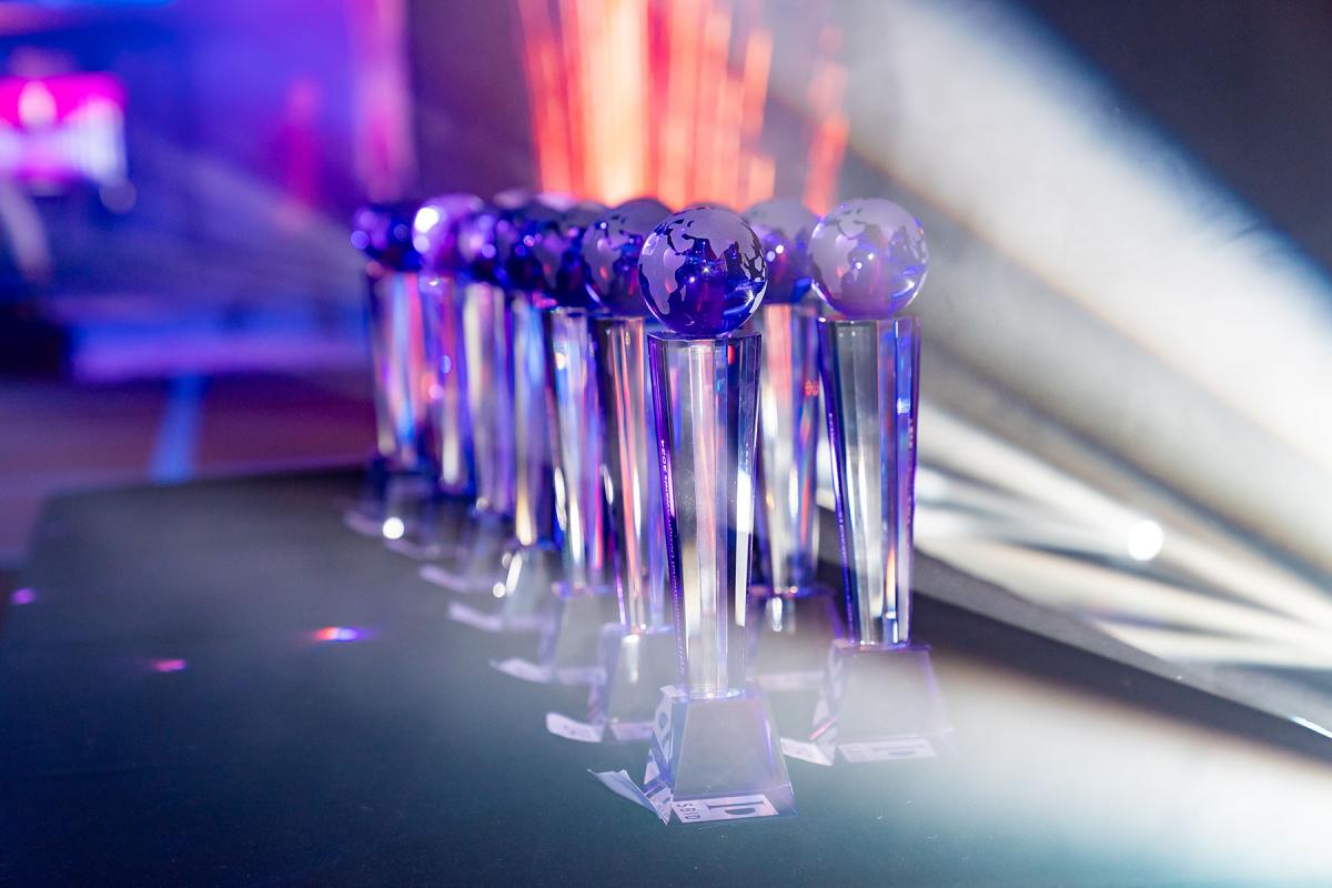 Row of crystal industry awards